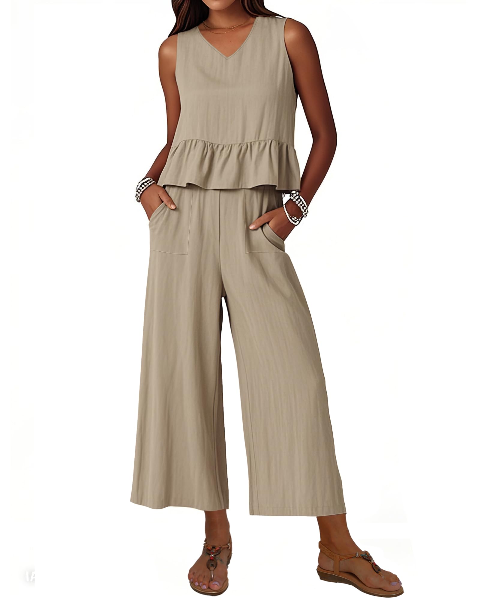 Photo 1 of Huukeay Women's Summer 2 Piece Outfits Linen Sleeveless Crop Top Wide Leg Pant Casual Matching Beach Vacation Travel Set (Khaki,XXL)