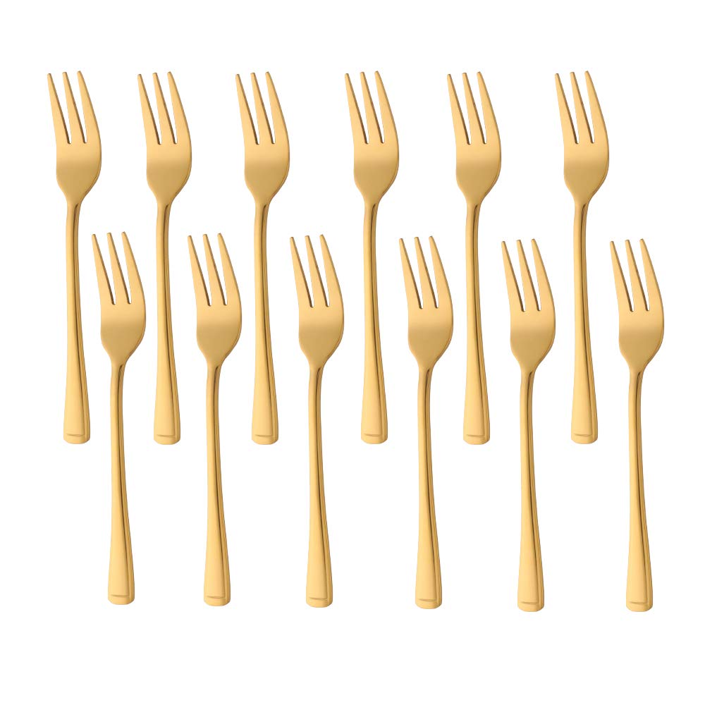 Buyer Star 12 Pieces Cake Forks, Gold Dessert Forks Stainless Steel Mini Tea Pastry Fork Set for Fruit Salad Appetizer, Dishwasher Safe