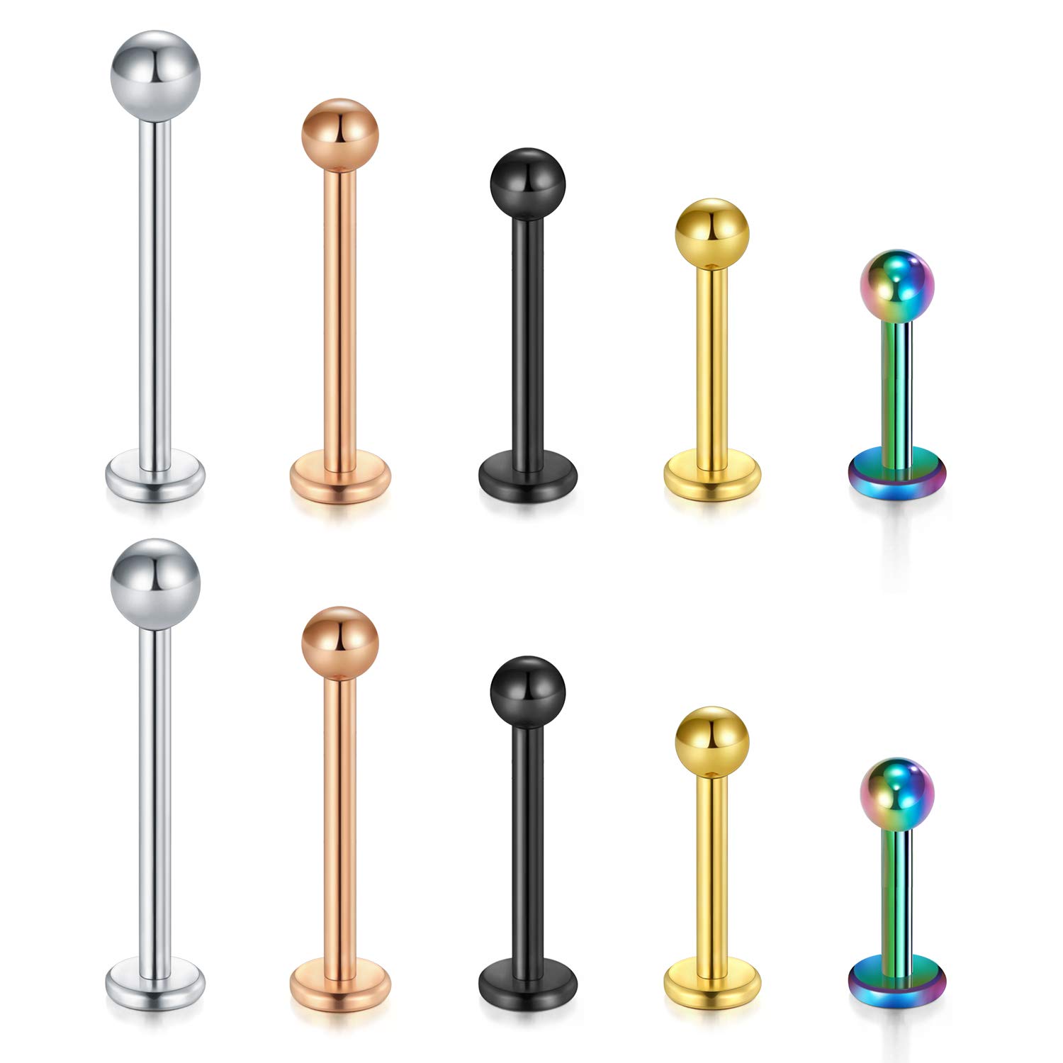 Longita 5 Pairs (10PCS) 16G Stainless Steel Labret Monroe Lip Ring Tragus Helix Earring Stud Piercing Jewelry 6mm 8mm 10mm 12mm 14mm-Multicolor