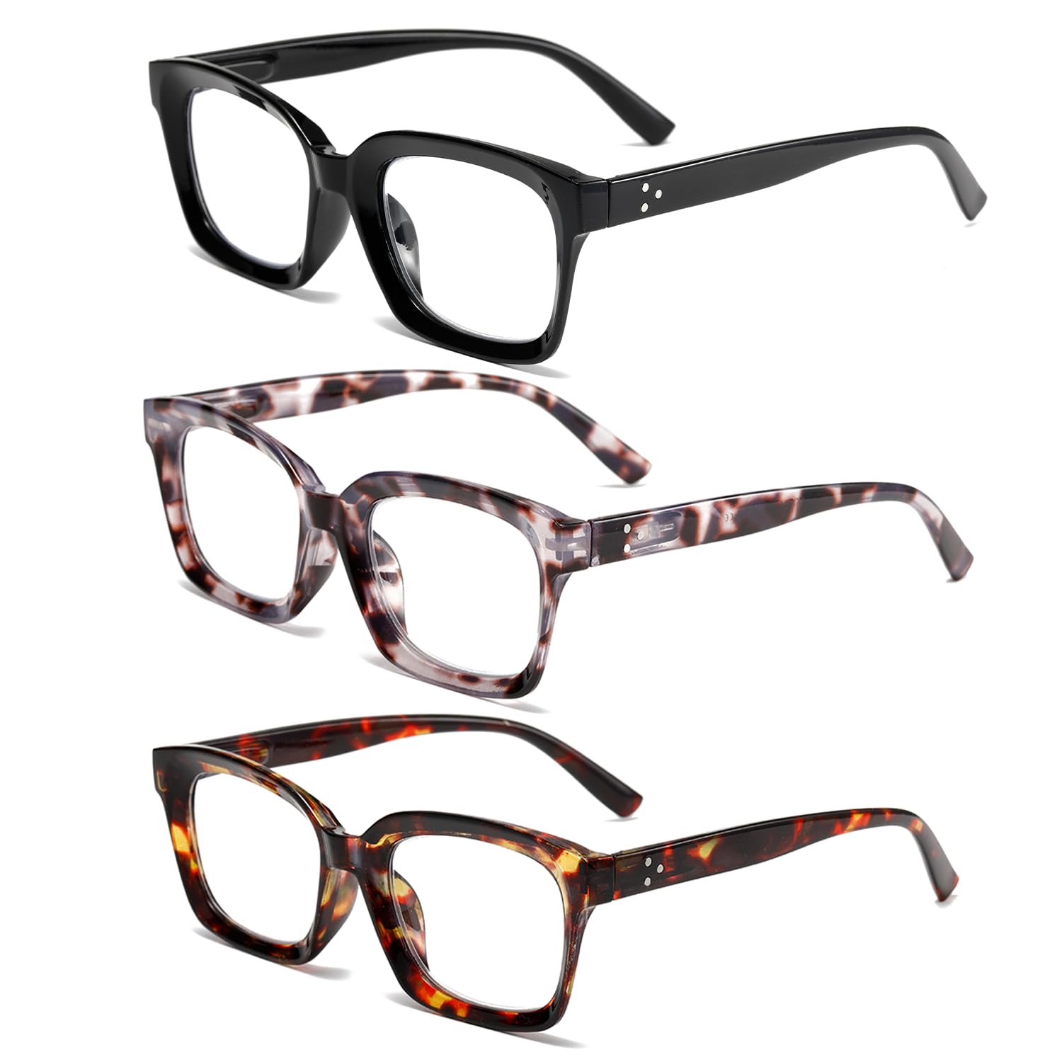 Viseng 3 Pack Square Frame Reading Glasses for Women Oversized Glasses Anti Blue Light Reading Glasses Fashionable Retro with Spring Hinge 3.5
