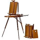 ATWORTH French Easel for Painting, Deluxe Beech Wooden Field & Studio Sketchbox Easel Stand with Metal Side Tray, Portable& Easy Transport for Painting Outdoor, Holds Canvas up to 34"- Light Walnut