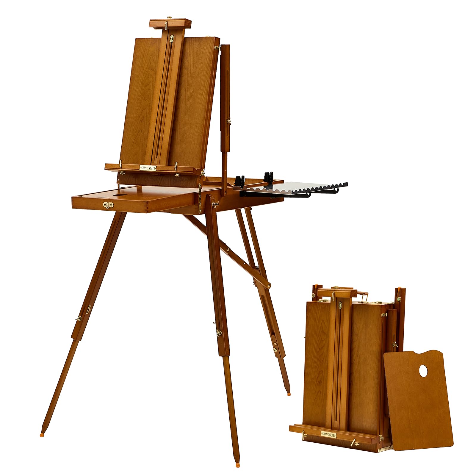 Photo 1 of ATWORTH French Easel for Painting, Deluxe Beech Wooden Field & Studio Sketchbox Easel Stand with Metal Side Tray, Portable& Easy Transport for Painting Outdoor, Holds Canvas up to 34"- Light Walnut