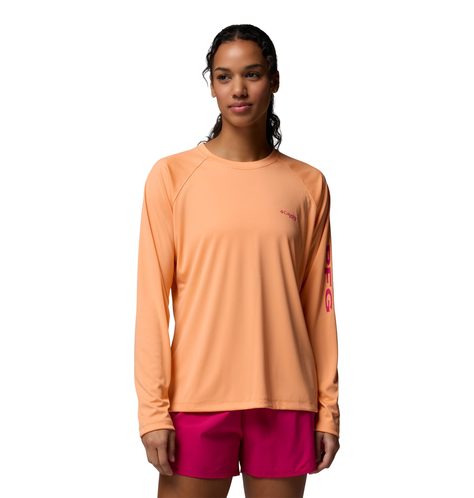 Columbia Women's PFG Tidal Tee II Long Sleeve Sun Protection Shirt, Bright Nectar/Guava Pink Logo, X-Large Image