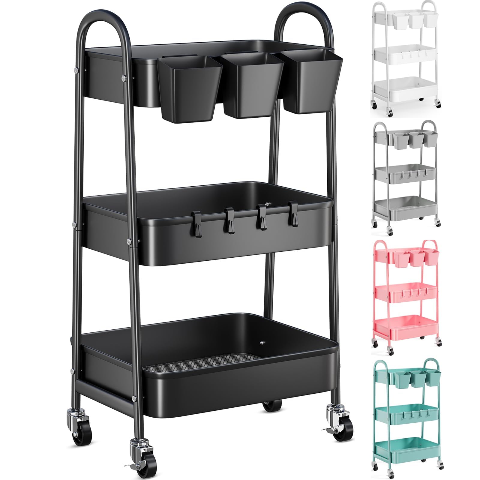 Photo 1 of 3 Tier Metal Rolling Cart with Lockable Wheels, Black Three Tiered Utility Storage Organizer Carts on Wheels for Bathroom, Kitchen, Laundry, Garage, Office, Craft, Art, Baby, Diaper Caddy, Snack, Book