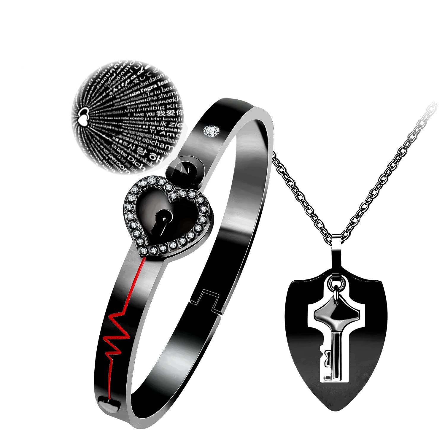 100 Languages I Love You Heartbeat Bangle Bracelet & Shield Key Pendant Necklace, Black Stainless Key to Heart Couples Jewelry Y953 (Black) — image 1
