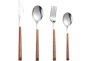 YHOMU Stainless Steel Silverware Set, Retro Teak Wood Handle Flatware, Includes Knives Spoons and Forks for Outdoor, 4-Piece 