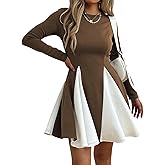 Mieazom Women’s Long Sleeve Fit and Flare Dress, Color Block A-Line Pleated Swing Mini Dress Elegant Crew Neck Casual Dresses
