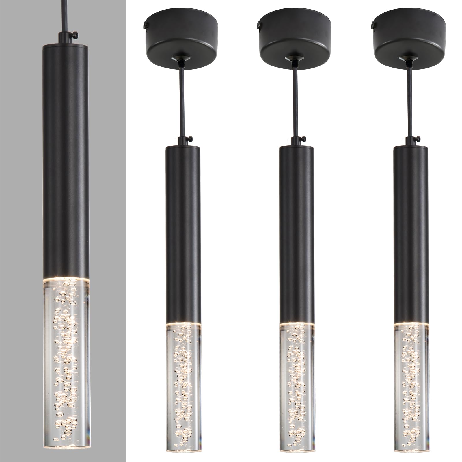 Mikeru 3pack Modern Hanging Kitchen Island Lights, 3 Colour Temperature 3000k/4500k/6500k LED Crystal Pendant Light, Height Adjustable 1.4M LED Cylinder Pendant Lights for Dining Room, Office