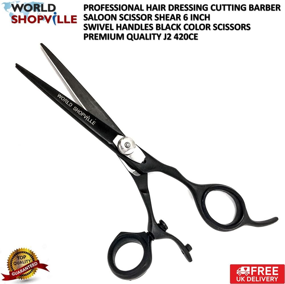 Hairdressing Scissors Swivel Thumb - 6" Barber Razor Edge Swivel Fingers Hair Cutting Shear/Scissors - Hairdressing Barber Salon Scissors Shears by Worldshopville (Black)