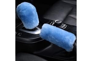 OGLAND Fluffy Natural Fur Sheepskin Car Gear Shift Handle Level Stick Knob Covers for Automobile Selector Handball Collar, Handbrake Cover (Sky Blue)
