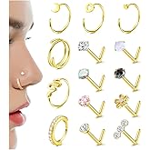 ZZHDCC 14K Gold Filled Nose Rings Studs 20G 316L Surgical Steel Nose Ring 14Pcs L Shaped Nose Studs CZ Hoop Nose Rings Set for Women Men Nose Piercing Jewelry