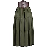 YESSA Womens Renaissance Flowy Skirt with Corset Belt,High Waist Ren Faire Medieval Skirt with Pocket,Pirate Costumes Outfit