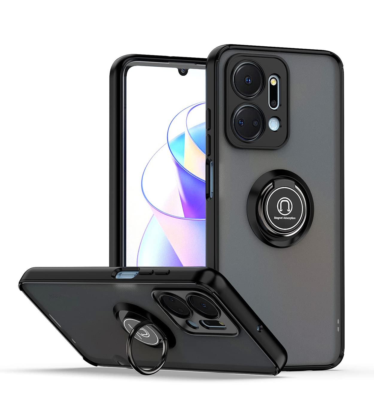 COMAKU Compatible with Honor X7a Case, with Ring Holder Stand, [Work with Magnetic Car Mount] PC + TPU Shockproof Anti-Scratch Protective Case - Black