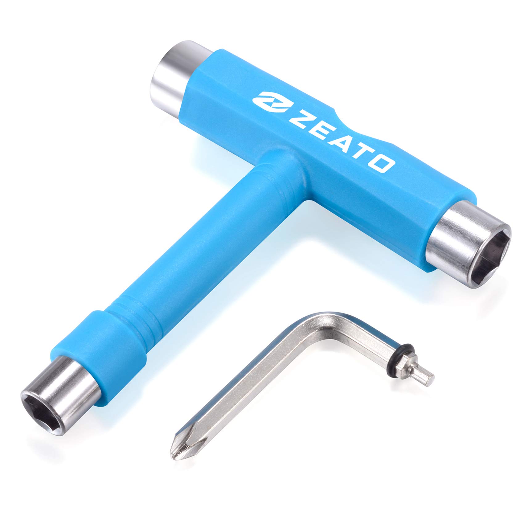 ZeatoAll-in-One Skate Tools Multi-Function Portable Skateboard T Tool Accessory with T-Type Allen Key and L-Type Phillips Head Wrench Screwdriver - Blue