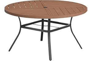 VICLLAX Round Patio Table with Adjustable Umbrella Hole for 6, All Weather Metal Outdoor Dining Table for Lawn Garden, 50" Outdoor Coffee Table, Walnut Wood-Like Tabletop