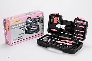 39-Piece General Tool Set-Essential Household Hand Tool Kit with Portable Toolbox Storage Case（Pink—Level Ruler））