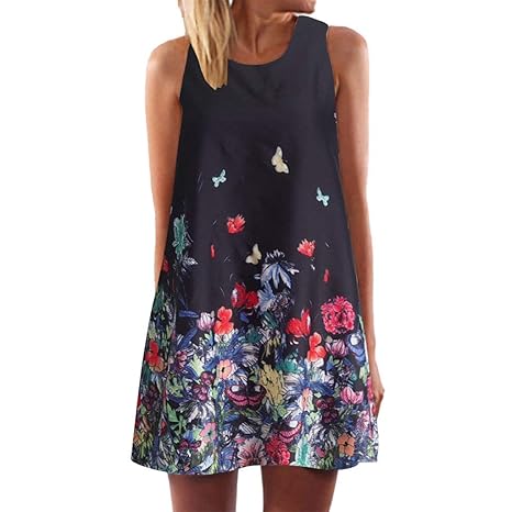 Riou Damen Sommer Strandkleid Lang Große Größen Kurz Elegant Vintage Boho Ärmellos Sommerkleid Gedruckt Mode Frauen Beiläufig