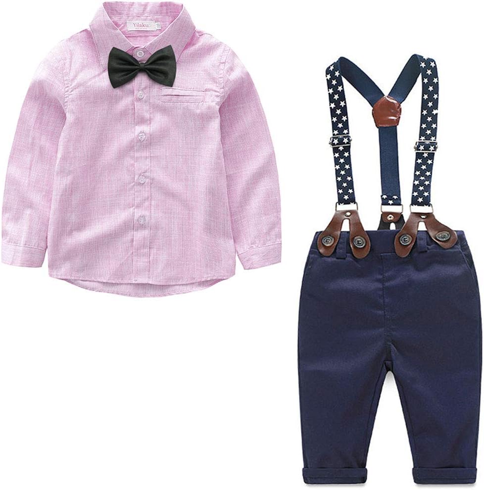 Yilaku Little Boys Gentleman Outfits Suits Set Infant Long Sleeve Shirt+Suspender Pants+Bow Tie Overalls Clothing Set Kids Christmas Colorful Clothes