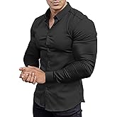 whox Men's Muscle Fit Dress Shirts Long Sleeve Button Down Work Collared Slim Fit Stretch Wrinkle Shirt