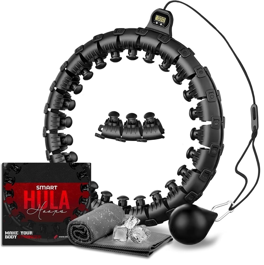 Active 100 Smart Hula Ring Hoops, Weighted Hula Circle 24 Detachable Fitness Ring with 360 Degree Auto-Spinning Ball Gymnastics, Massage, Adult Fitness for Weight Loss (Black)