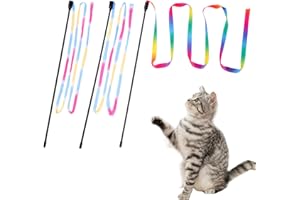MintCat 3 PCS Interactive Cat Wand Toy, Rainbow Cat Ribbon Wands, String Cat Toys for Bored Indoor Adult Cats Kittens, Cat Feather Toy Teaser Wand Kitty Kitten Toys