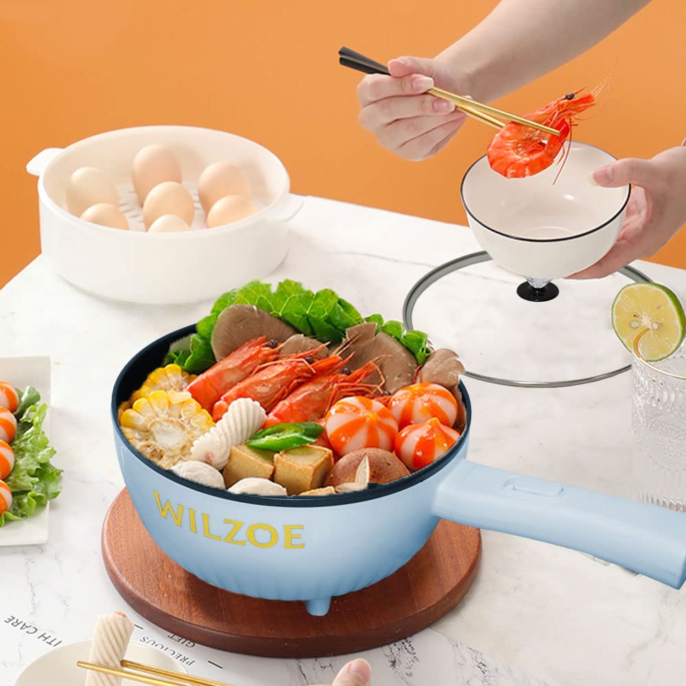 Wilzoe Electric Hot Pot 2.8L,1000W Non-Stick Frying Pan,Rapid Noodles Cooker,Electric Cooking Pot,Mini Hot Pot for Steak,Egg,Oatmeal,Soup,with Power Adjustment, (Food Steamer Included),Purple