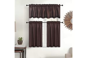 WPM WORLD PRODUCTS MART Faux Silk Kitchen Curtain Valance Set 36 Inch Long Tier Cafe Rod Pocket for Living Room Bedroom Bathroom Farmhouse Rustic Country Window 3 Piece Set (Coffee)