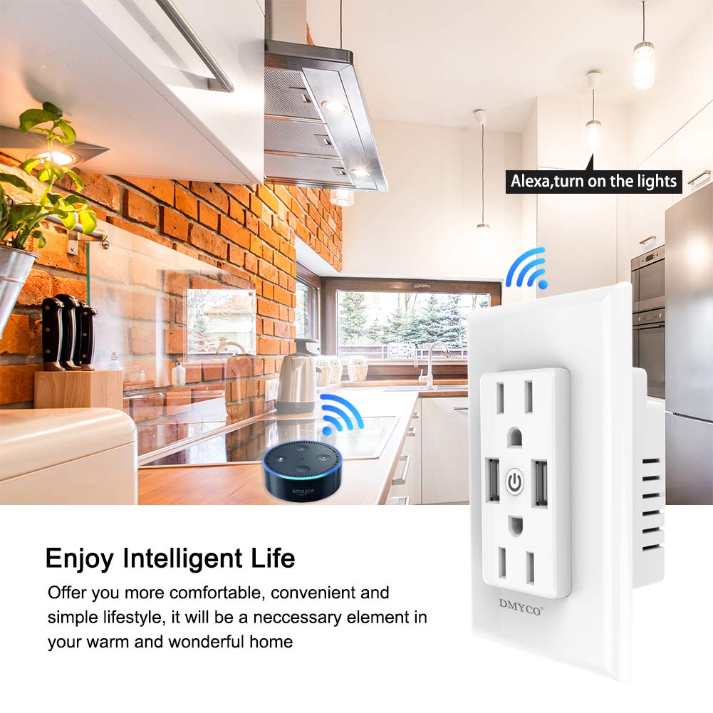 WiFi Smart Wall Outlet, Top & Bottom Outlets are Independently Controllable, Duplex Receptacle Socket, Compatible with Alexa Dot Echo Plus Google Assistant IFTTT, No Hub Required