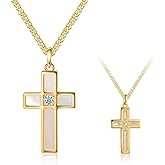 S925 Sterling Silver Cross Necklace for Women, Dainty Mother of Pearl Pendant with Cubic Zirconia, Chic Symbolic Jewelry Gift for Her