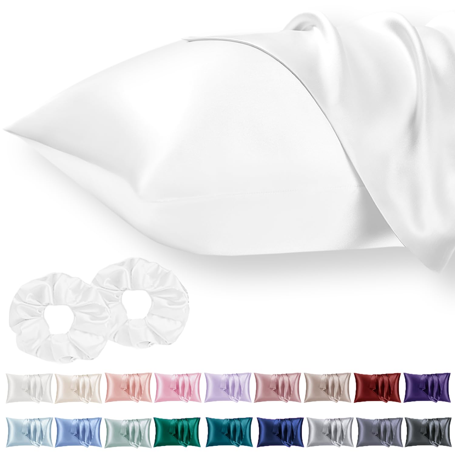 Vielit 2 Pack Satin Pillowcase for Hair and Skin Cooling,Soft as Silk Pillowcase for Hair and Skin,Easier Care than Silk Pillow Case White 50x75cm Gifts for Women Envelope & 2 Scrunchies