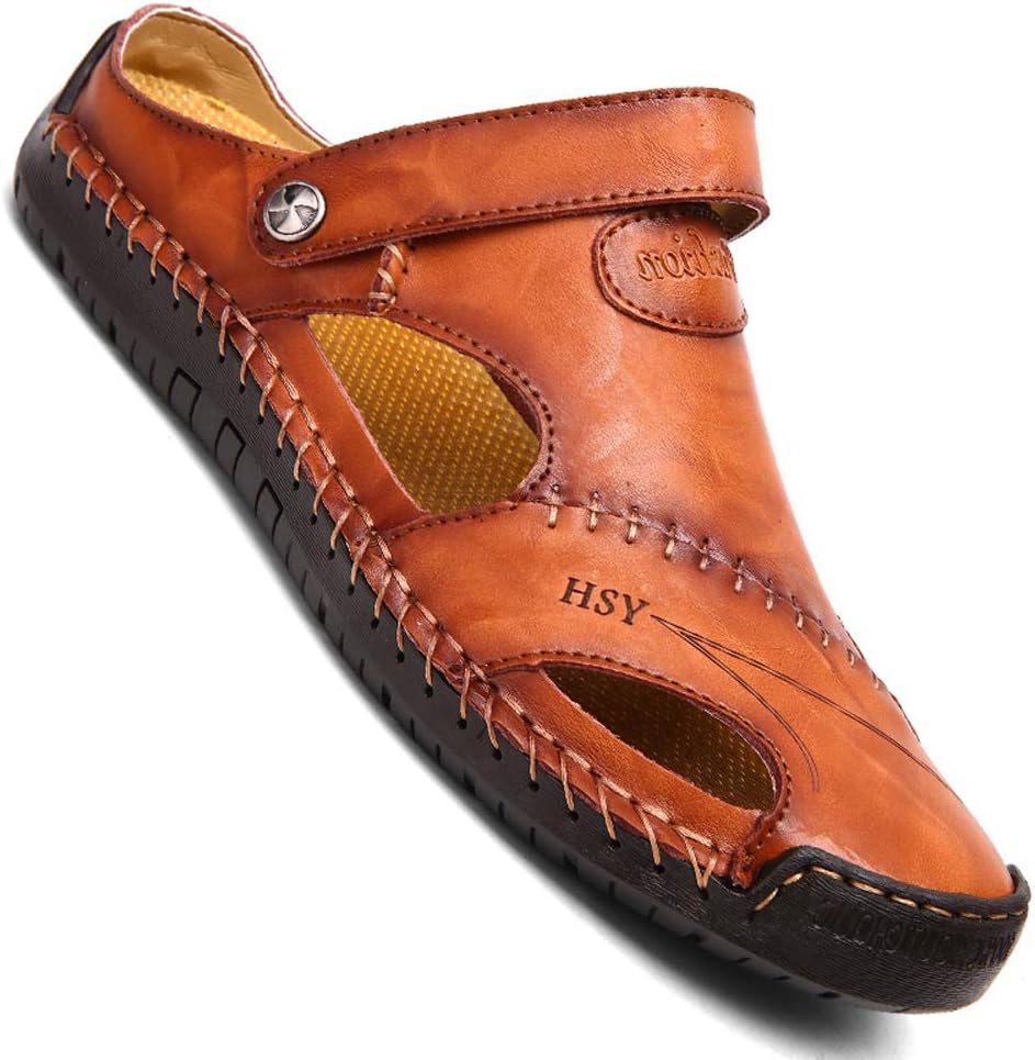 KINOWMens Casual Closed Toe Leather Sandals Outdoor Sports Beach Slippers Flat Shoes