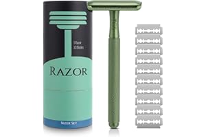 THE GROOMING SOCIETY Long Handle Safety Razor with 10 Blades Unisex Double Edge Safety Razor Single Blade Razor Zero Waste Eco-Friendly Razor(Green)