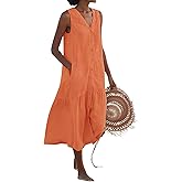 chouyatou Women's Summer Sleeveless Button Down Cotton Tank Dress Loose A-Line Tiered Tunic Beach Dress