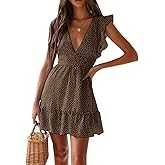 Women Floral Mini Dress Sexy V Neck Ruffle Flutter Sleeve Polka Dot Summer Dresses