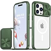 WATEFULL Clear Case Compatible with iPhone 14 Pro MagSafe with Sliding Camera Cover Protector, [Strong Magnets][Anti Yellow] Transparent Back Soft TPU Frame, for iPhone 14 Pro 6.1" (Deep Green)
