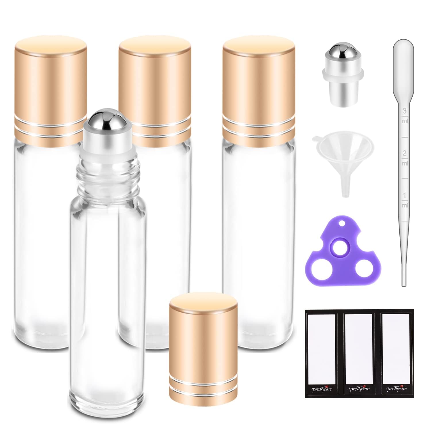 Photo 1 of PrettyCare 4 Pack, 10 ml Essential Oil Roller Bottles with Stainless Steel Roller Ball - Refillable Leak-proof Empty Thick Clear Glass Roll on Bottles with Metal Caps for Travel, Perfume