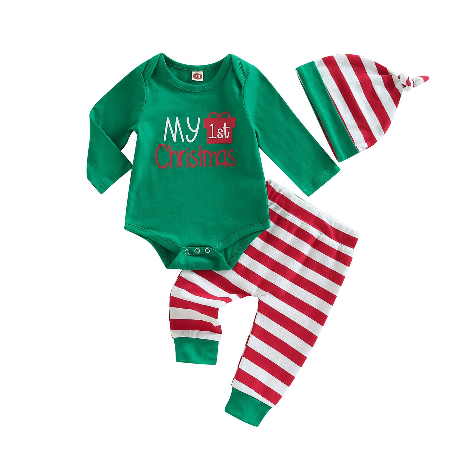 Photo 1 of FYBITBO My First Christmas Baby Boy Girl Outfits Newborn Long Sleeve Romper Onesie Striped Pants Hat 1St Christmas Clothes Set (Green & Red Striped, 0-3 Months)
