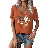 Womens Fall Halloween Thanksgiving Cut Out Cold Shoulder V Neck Shirt Holiday Funny Graphic Tee Casual Autumn Tops