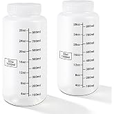 DEMORA Plastic Bottles with Airtight Caps 32oz/1000ml, Food Grade Wide Mouth Liquid Containers, Reusable PP Graduated Plastic Bottles for Water Sample Lab Reagent Liquids Mixing (Clear, 2 Pcs)
