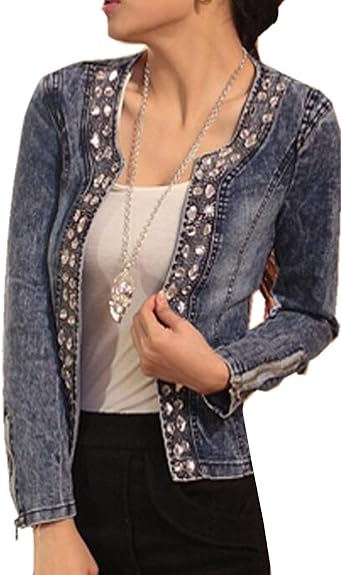 Femme Blouson Printemps Automne Elegante Strass Jean Vestes Casual