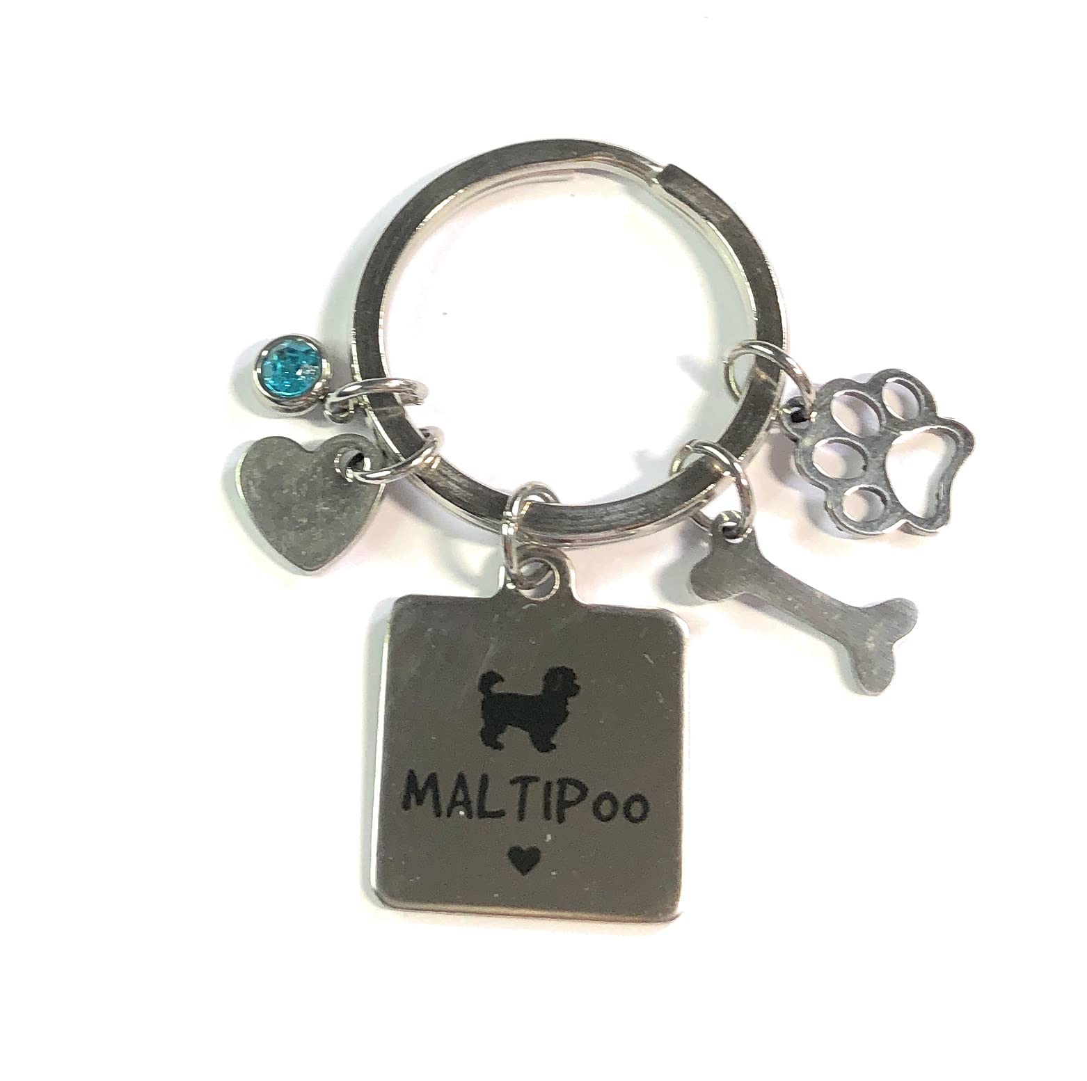 FizzyButton Gifts Maltipoo Puppy Dog Keyring Key Ring with Turquoise Rhinestone and Stainless Steel Bone, Paw and Heart Charms