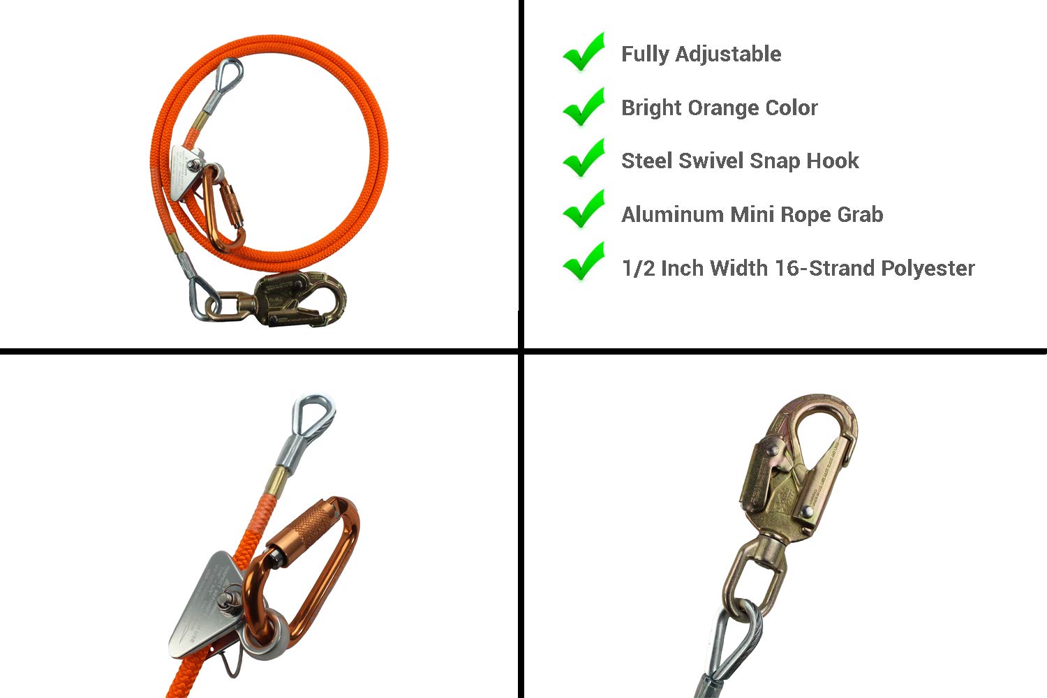 ProClimb Steel Core Flipline Kit (1/2 inch x 8 feet) - Adjustable Tree Lanyard, Low Stretch, Cut Resistant – for Fall Protection, Arborist, Tree Climbers: Industrial & Scientific