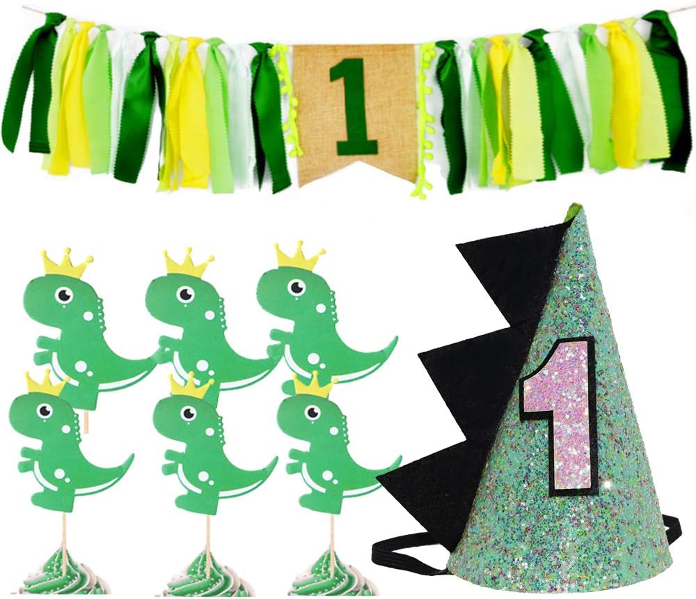 Maticr Glitter Dinosaur 1st Birthday Cone Hat Baby Boy Dinosaur Dragon Party Hat for Cake Smash First Birthday Party Supplies