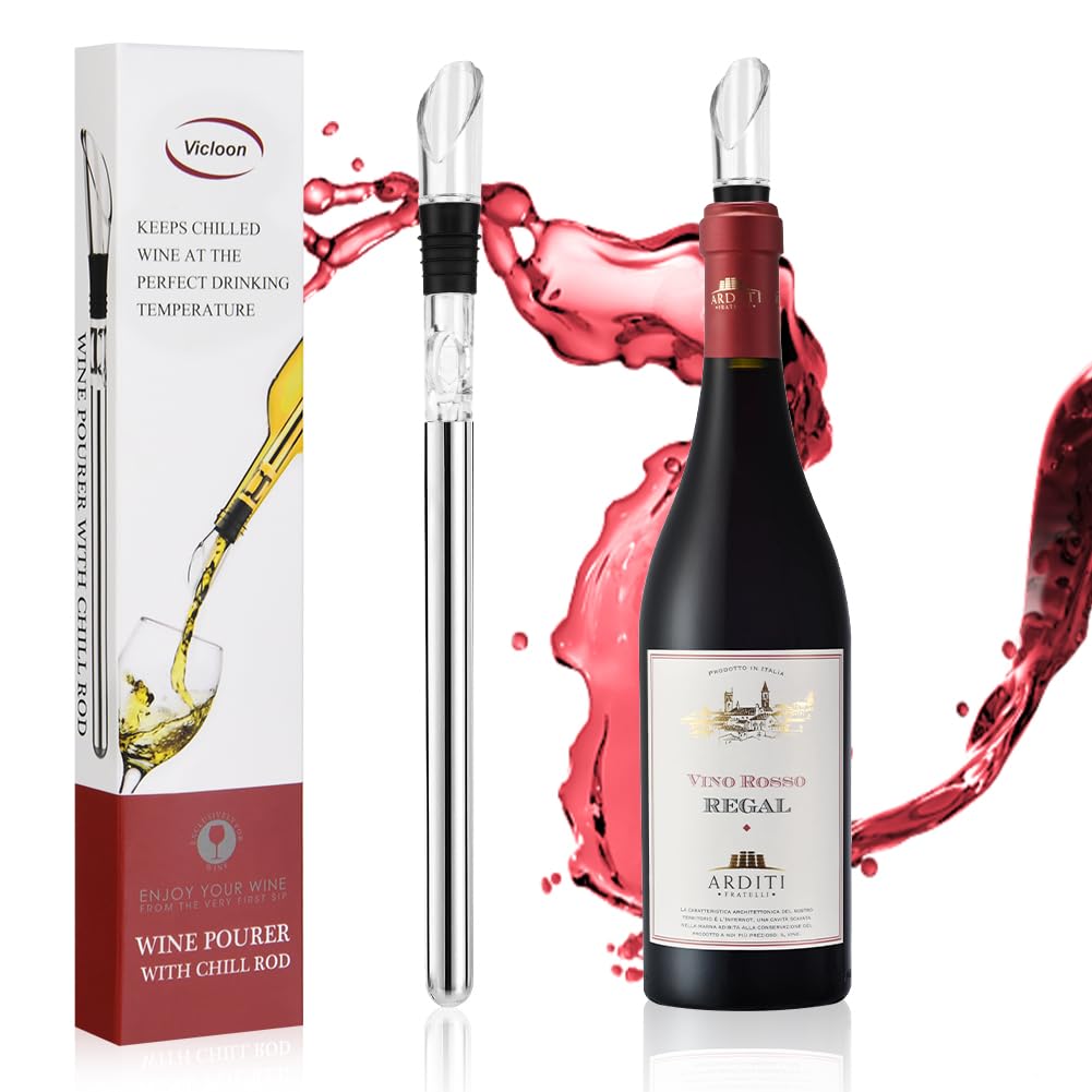 Vicloon Wine Cooler, Portable Wine Bottle Chiller with Aerator Pourer, Stainless Steel, Wines Bottle Cooler Stick with Aerator Pourer, Wines Chiller Stick for White & Red