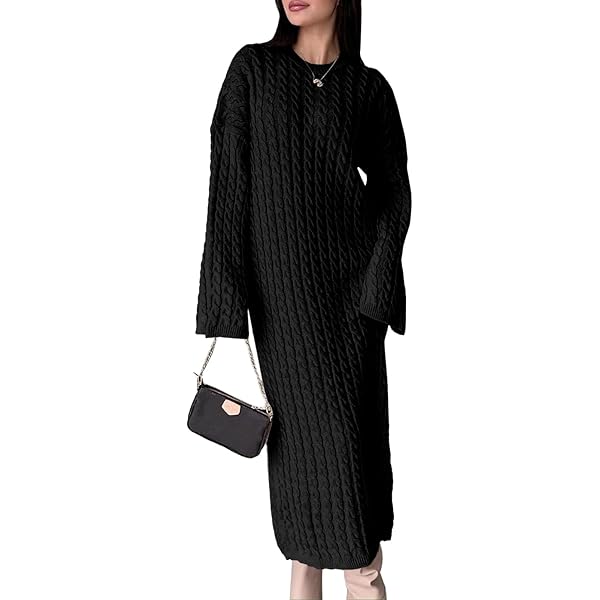 Long Sleeve Dress for Women Cable Knit Sweater High Neck