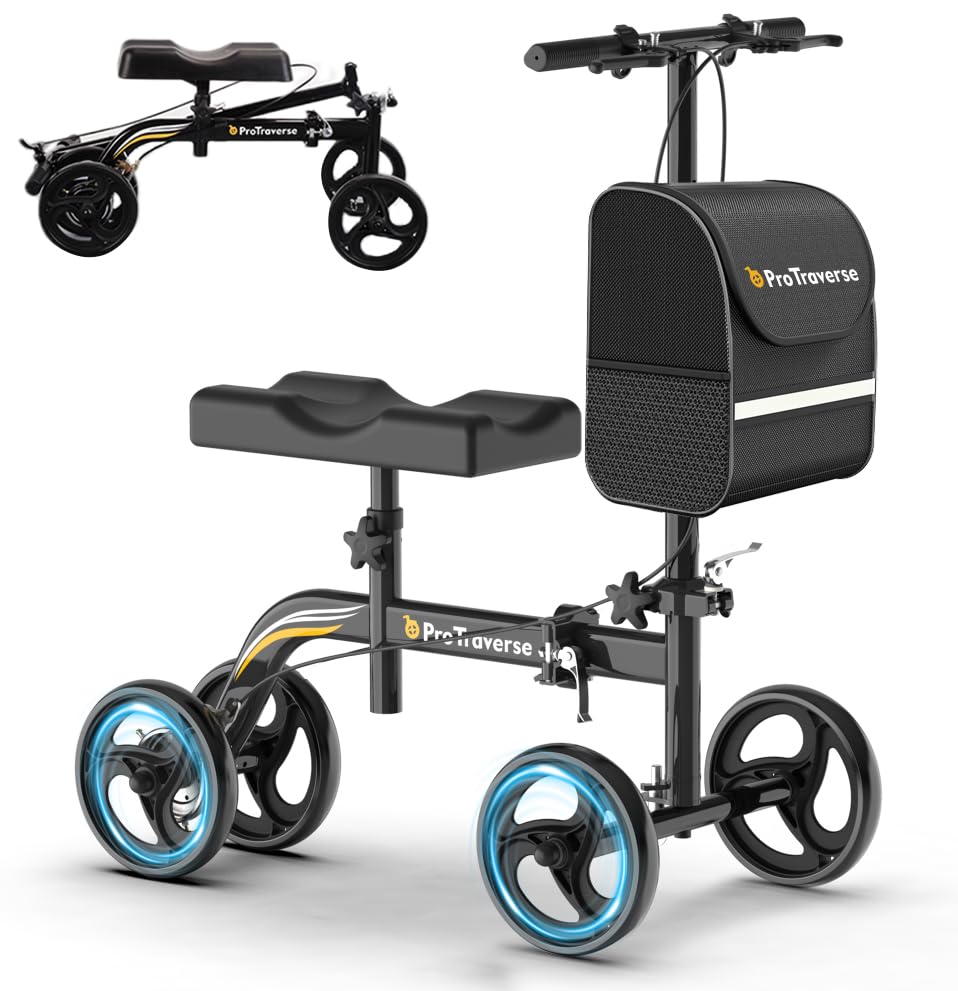 Premium Knee Scooter – Foldable & Steerable Knee Walker, Dual Brakes, New Band Brake, Comfort Knee Pad for Foot Surgery, Broken Foot & Ankle Injury Recovery, Compact Crutch Alternative(Black)