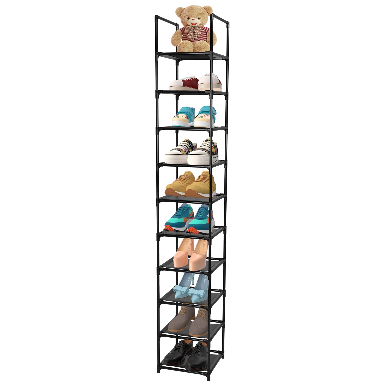Dyserbuy 10 Tier Shoe Rack, Tall Shoe Storage Organizer, Narrow Shoe Stand Shelf, Home Space Saving Shoe Tower with Non-Woven Fabric for Living Room, Bedroom, Closet, Hallway, Grocery Room, Black