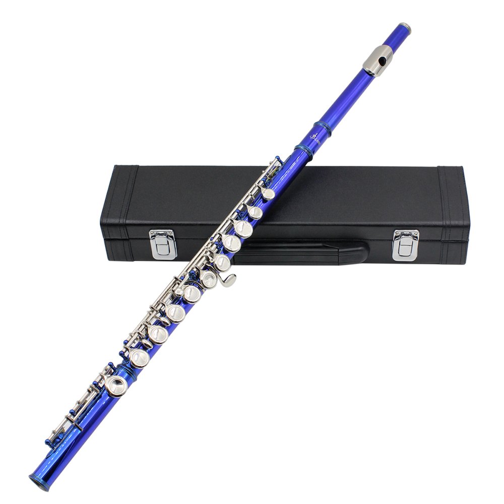 Sasuori Flute 16 Holes C Key Western Concert Cupronickel Nicke Plated Woodwind Instrument with Cleaning Cloth Stick Gloves Screwdriver Padded Case (blue2)