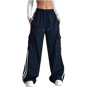 QJQ Women's Cargo Pants Baggy Wide Leg Drawstring Waist Striped Track Pants with Pockets Athletic Joggers Streetwear