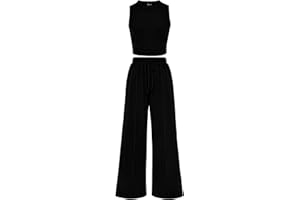 PRETTYGARDEN Women's Summer 2 Piece Outfits Ribbed Knit Lounge Sets Tracksuit Sleeveless Crop Tank Tops Wide Leg Casual Pants